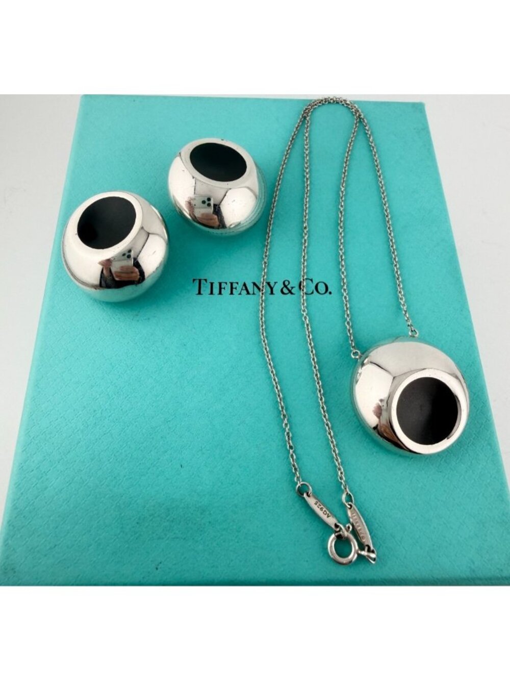 SET Tiffany & Co. Elsa Peretti Black Jade Thumbprint Necklace & Earrings Silver